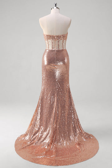 Scintillante rosa dorata sirena corsetto lungo abito da cerimonia con paillettes
